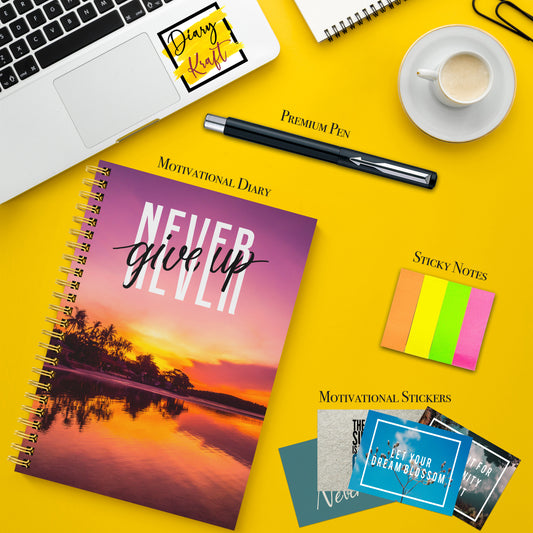 Diary Set with Planner, Pen, Sticky Notes & Stickers | Never Give Up