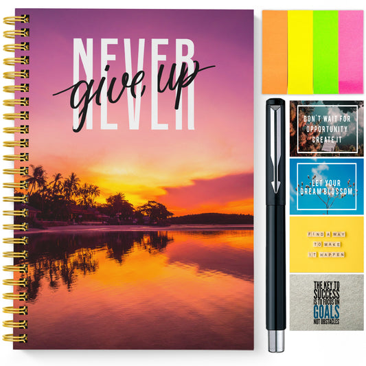 Diary Set with Planner, Pen, Sticky Notes & Stickers | Never Give Up